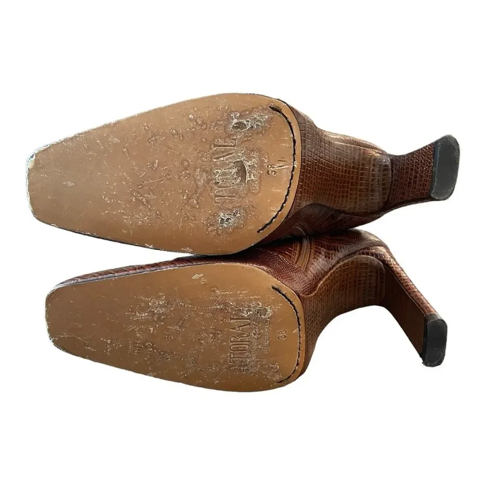 Toral Daisy Heeled Boots Square Toe Croc Leather Square Toe Classy Y2K Sz 38